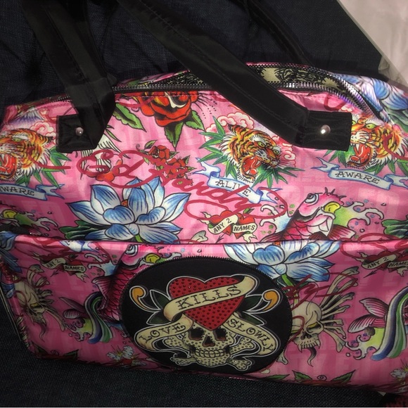 Ed Hardy Handbags - ‼️ ED HARDY  Pink Tattoo-Print Duffle Bag with Heart & Skull Patch
